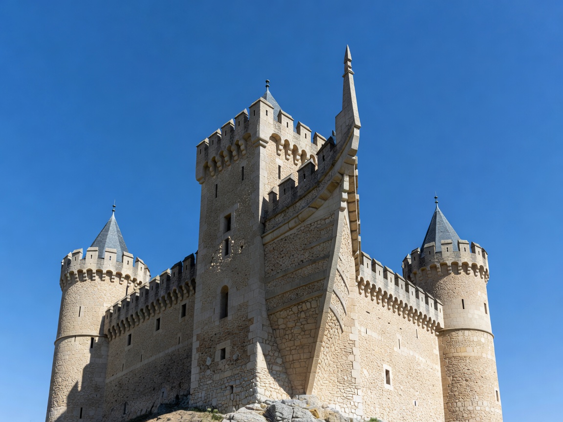 Alcazar of Segovia with its ship-bow turret design against a clear blue Castilian sky