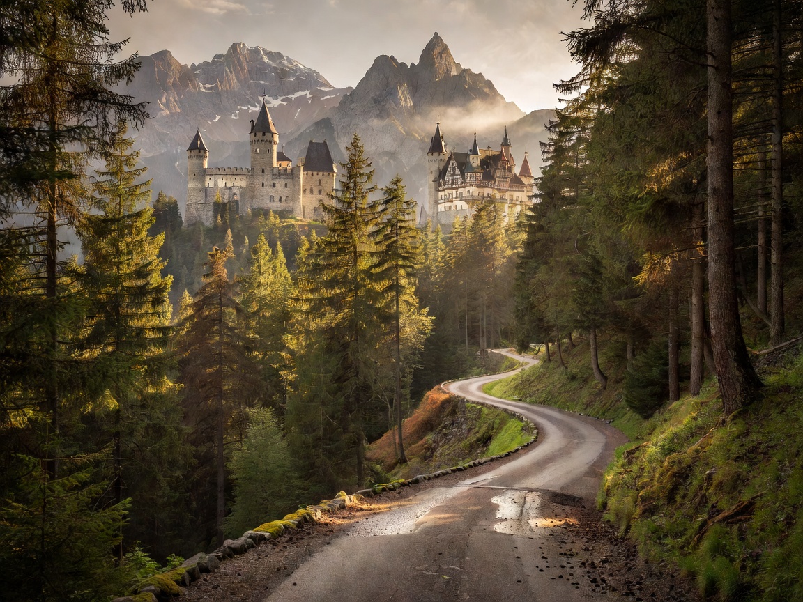 Scenic view of Neuschwanstein Castle nestled in Bavarian Alps