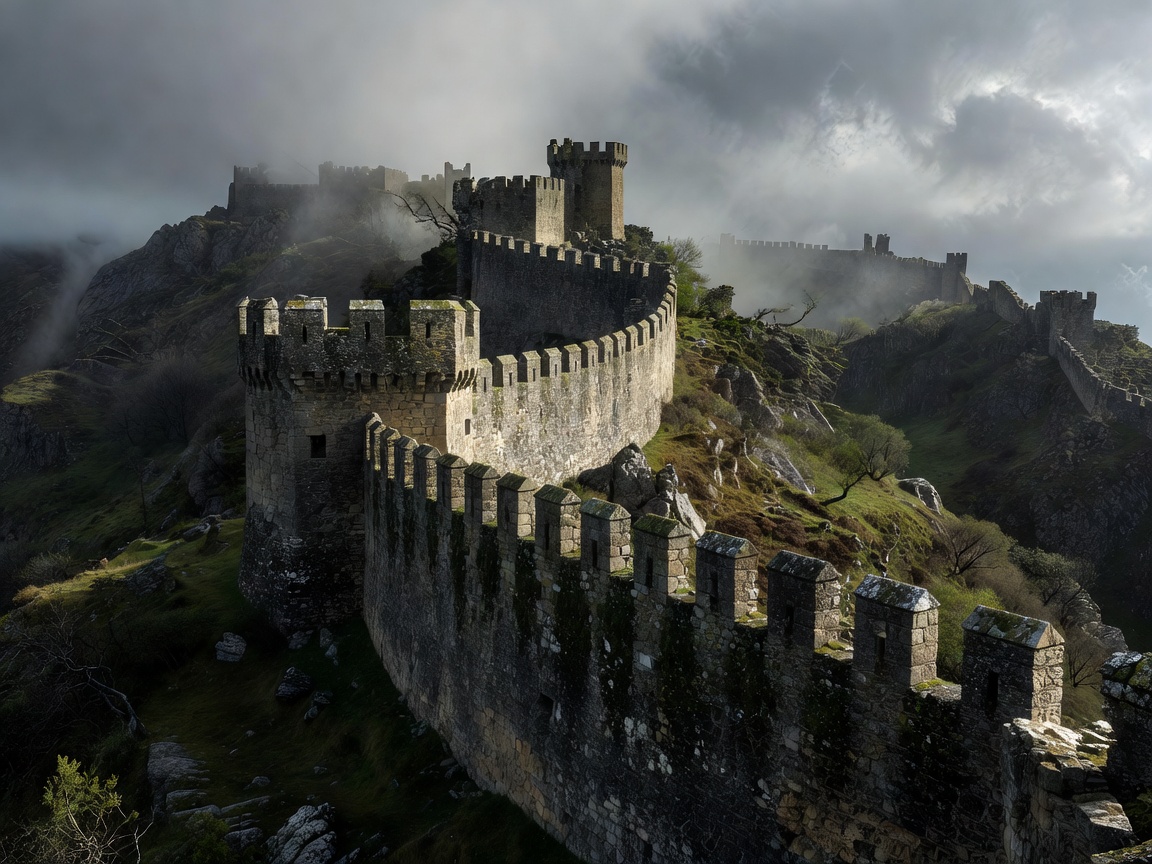 Dramatic stone battlements of an ancient fortified European citadel