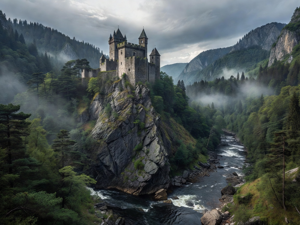 Majestic riverside view of Bran Castle on a jagged mountain precipice in Transylvania