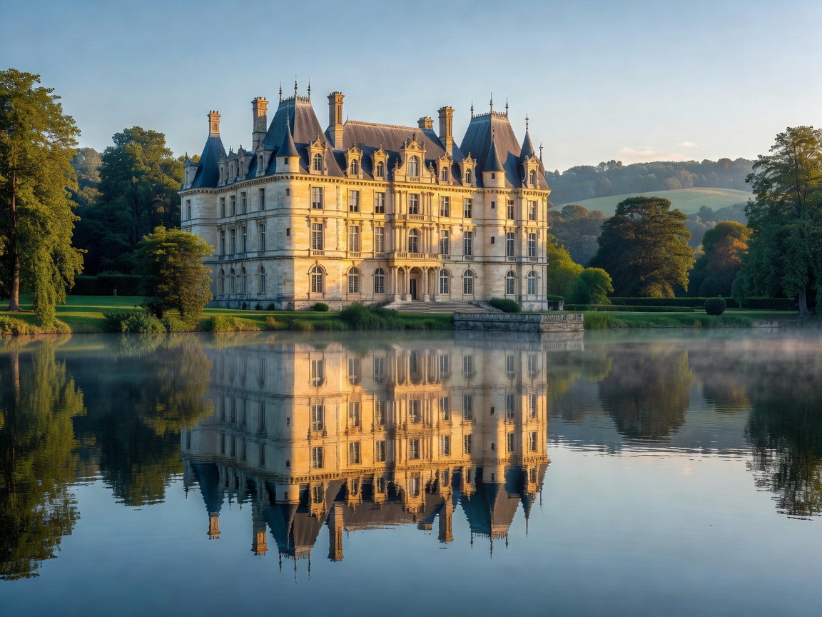 Symmetrical facade and rooftop lanterns of Chateau de Chambord in the Loire Valley