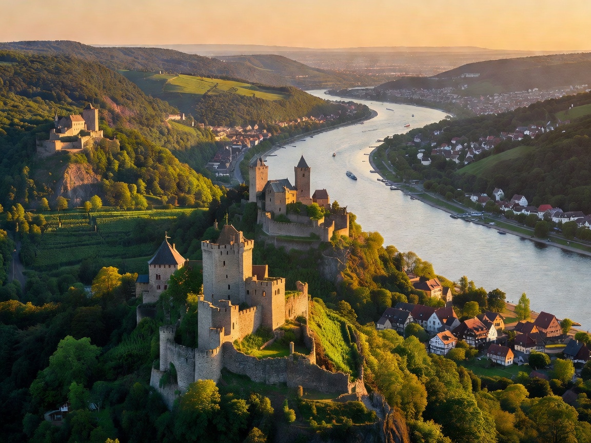 Scenic view of the Middle Rhine river valley dotted with medieval hilltop castles