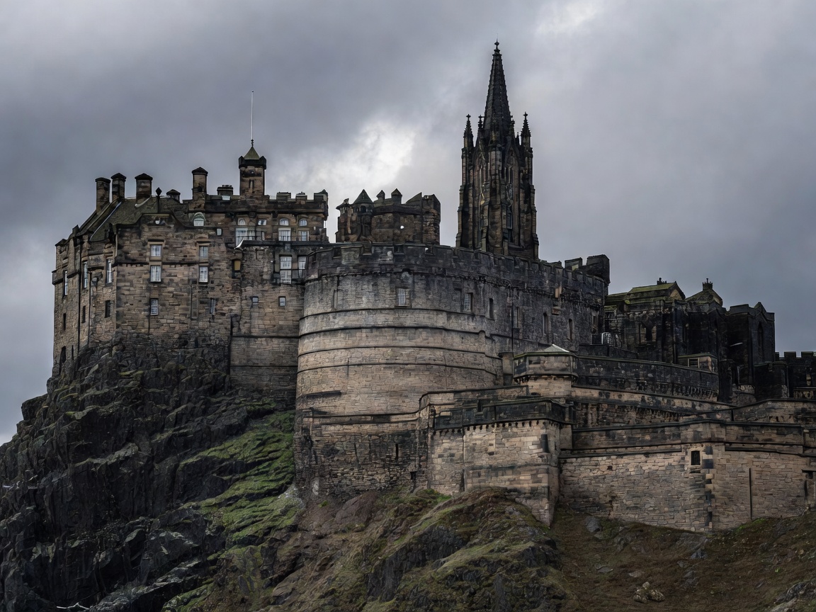 Towering gothic spires and massive stone fortifications of Edinburgh Castle on volcanic rock