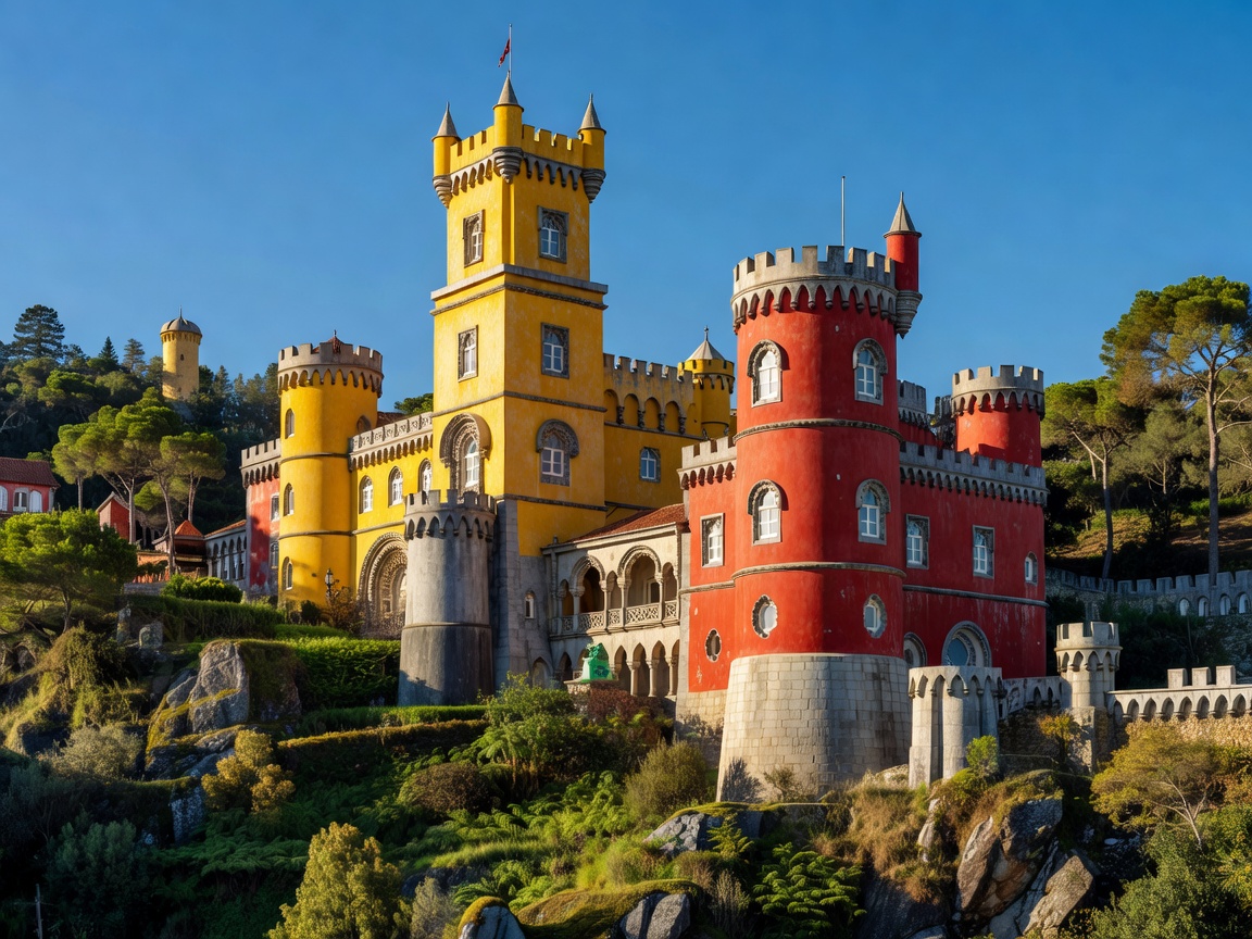 Vibrant yellow and red towers of Pena National Palace in Sintra Portugal